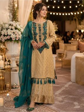 Gold & Teal Embroidered Women’s Kurta Set